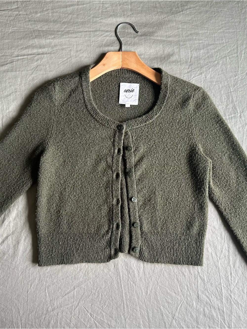 aerie Olive Cropped Button-Up Cardigan